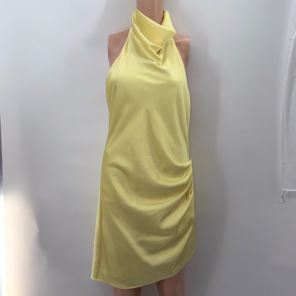 Gianni Bini 6 Yellow Satin Halter Backless Cocktail Dress Wedding Guest Party